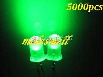 bezmaksas piegāde 5000pcs 5mm zaļa Ultra Bright Izkliedētās zaļā LED Lukturi, Jauni 5mm zaļo lēcu led 5mm liela/plata leņķa led lampas