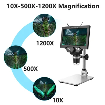 7 Collu LCD Digitālo Mikroskopu ar 64 GB TF Kartes, 1200x Palielinājumu, 12 mp izšķirtspēja Ultra-Precīzi, Koncentrējoties Kamera, 1080P Video Mikroskops