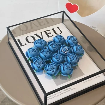 Saderīgs Ar LEGO Blue Rose KM Ziedu Celtniecības Bloki Rotaļlietas Valentīna Diena DIY Ķieģeļi Komplekti Pāris Zils Enchantress Brīnums