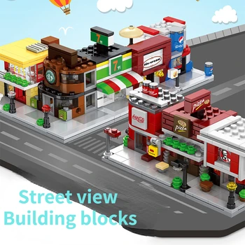Mini Pilsētas Street View Celtniecības Blokus Montē Rotaļlietas DIY Veikalu Kafijas Veikals Pizza Veikals Bērnu Puzzle Montessori