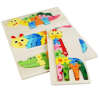 Bērni Bērniem, Montessori Izglītības Rotaļlieta Koka Karikatūra 3D Dinozauru Žirafe Dzīvnieku Skaits Jigsaw Puzzle Spēles, Bērnu Xmas dāvanas