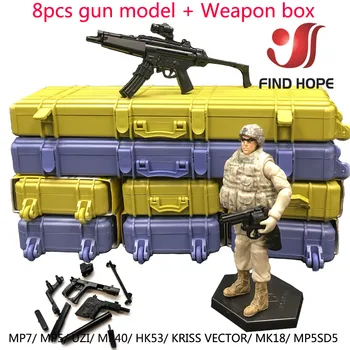 1/6 8Pcs Submachine Gun Modelis+Ieroču KASTE HK 53 MP5/7/40 VEKTORU UZI MK18 Salikt Puzles Kolekcijas Skatuves Sandpan Spēle