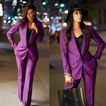 Modes Purpura Sieviešu Kostīmi Sasniedza Atloks Viena Poga Ar Garām Piedurknēm Pasūtījuma Izgatavotu Oficiālo Šiks Meitene Slavenību 2 Gabali Uzvalks Komplekts