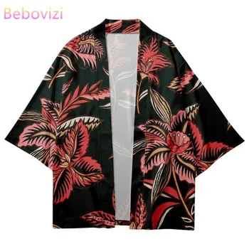 Pludmales Yukata Modes Ziedu Drukāt Tradicionālo Haori Sievietes Vīrieši Vasaras Japāņu Apģērbu Jaka Melnā Krekli Kimono