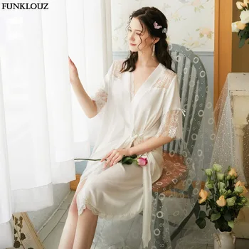 Sievietes Luksusa Drēbes Kleita Baltā Sleepwear Homewear Peignoir Peldmētelis Kimono Mežģīnes Nightdress, Līgava, Līgavas Kāzu Tērpu