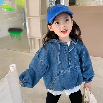 Modes Bērni Kapuci Džinsa Jaka Meitenēm Virsdrēbes Korejiešu Stilā Casual Brīvs Džemperis Jean Mētelis Pavasara Rudens Bērnu Apģērbs