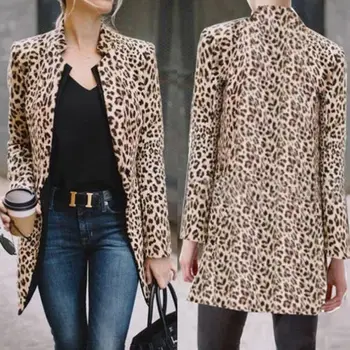 Sieviešu Karstā Modes Vintage Leopards Izdrukāt Jaka OLA Darba Valkāt Vidēja garuma Žaketes, Topi Rudens Bleizeri Sexy garām Piedurknēm Mēteļi